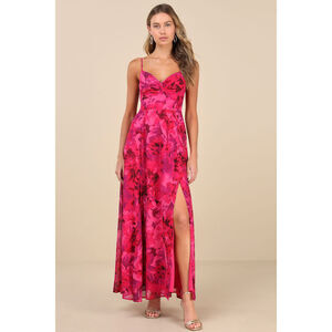 Lulus Beautiful Soul Fuchsia Floral Print Twist-front Maxi Dress Pink - Size L